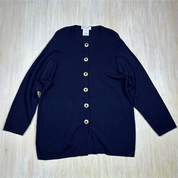 Vintage Jaeger Wool Blend Button Front Navy Classic Cardigan Sweater Large - Picture 1 of 13